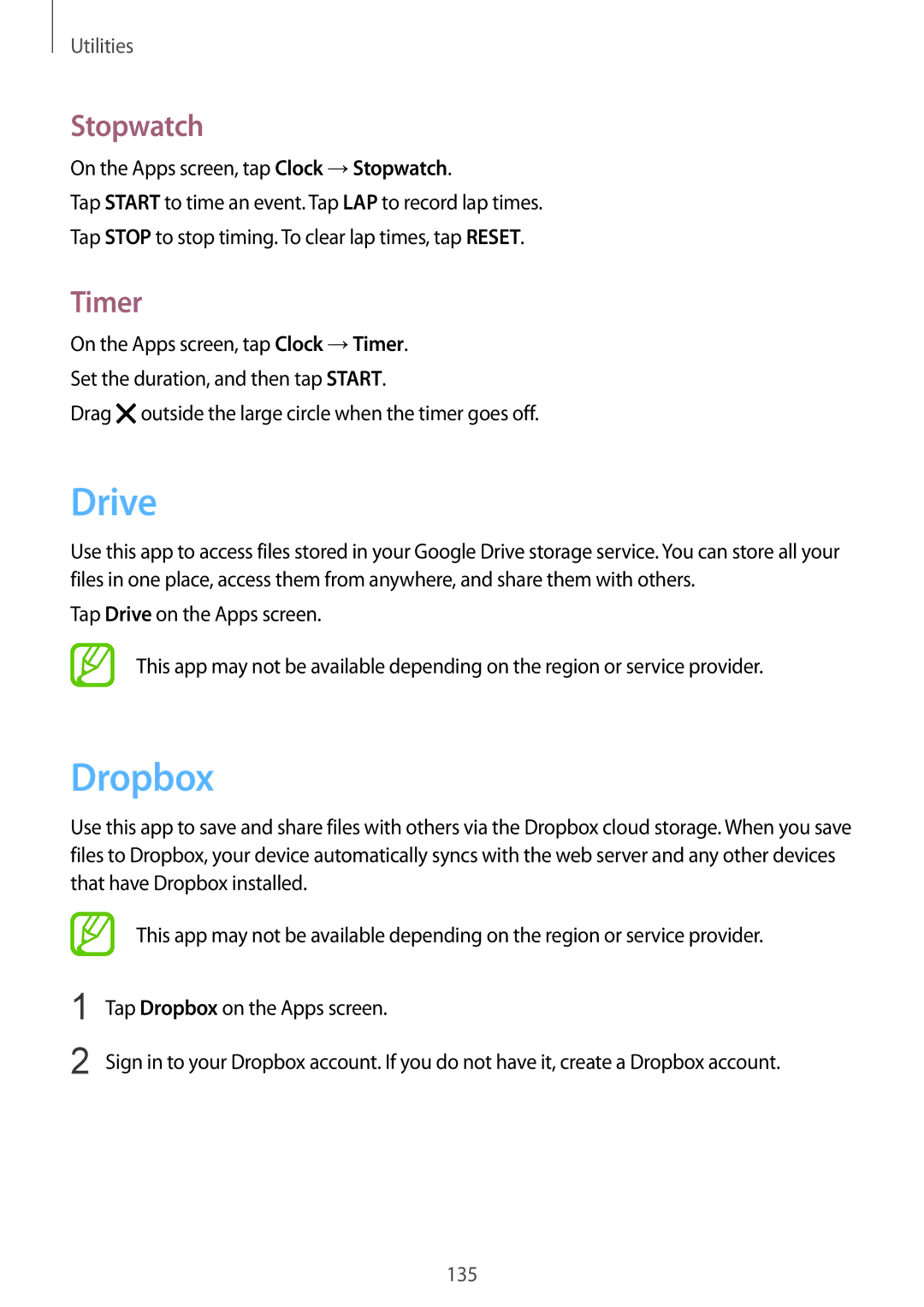 Samsung SM-G900FZWASEE, SM-G900FZKADBT, SM-G900FZBADBT, SM-G900FZWADBT, SM-G900FZDADBT manual Drive, Dropbox, Stopwatch, Timer 