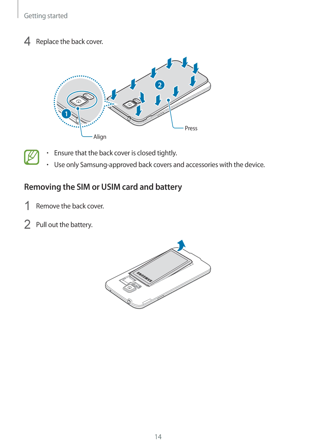 Samsung SM-G900FZWAFTM, SM-G900FZKADBT, SM-G900FZBADBT Removing the SIM or Usim card and battery, Replace the back cover 