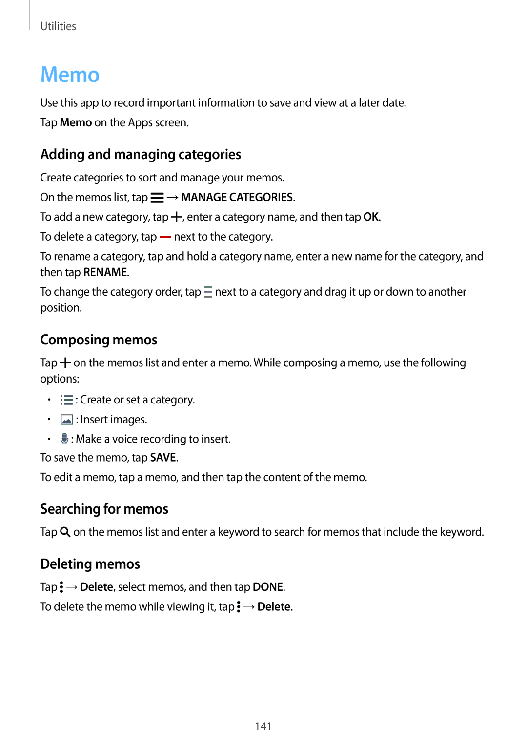 Samsung SM2G900FZBATSR manual Memo, Adding and managing categories, Composing memos, Searching for memos, Deleting memos 