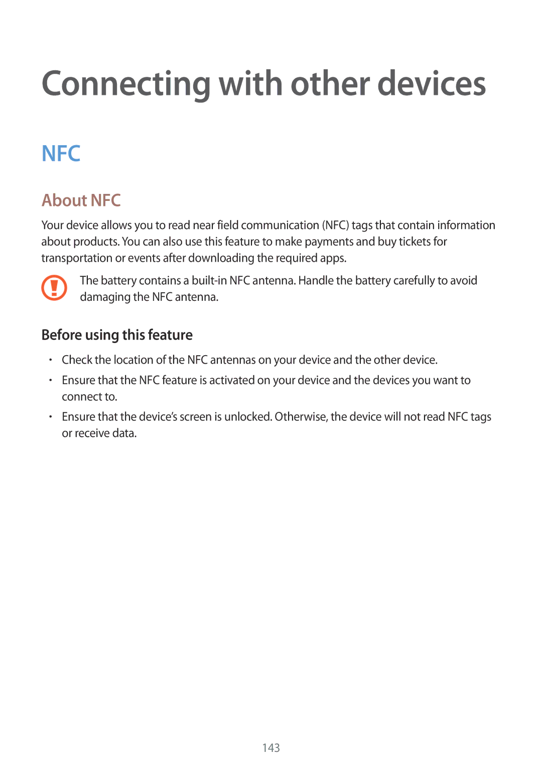 Samsung SM-G900FZDATSR, SM-G900FZKADBT, SM-G900FZBADBT, SM-G900FZWADBT manual Connecting with other devices, About NFC 