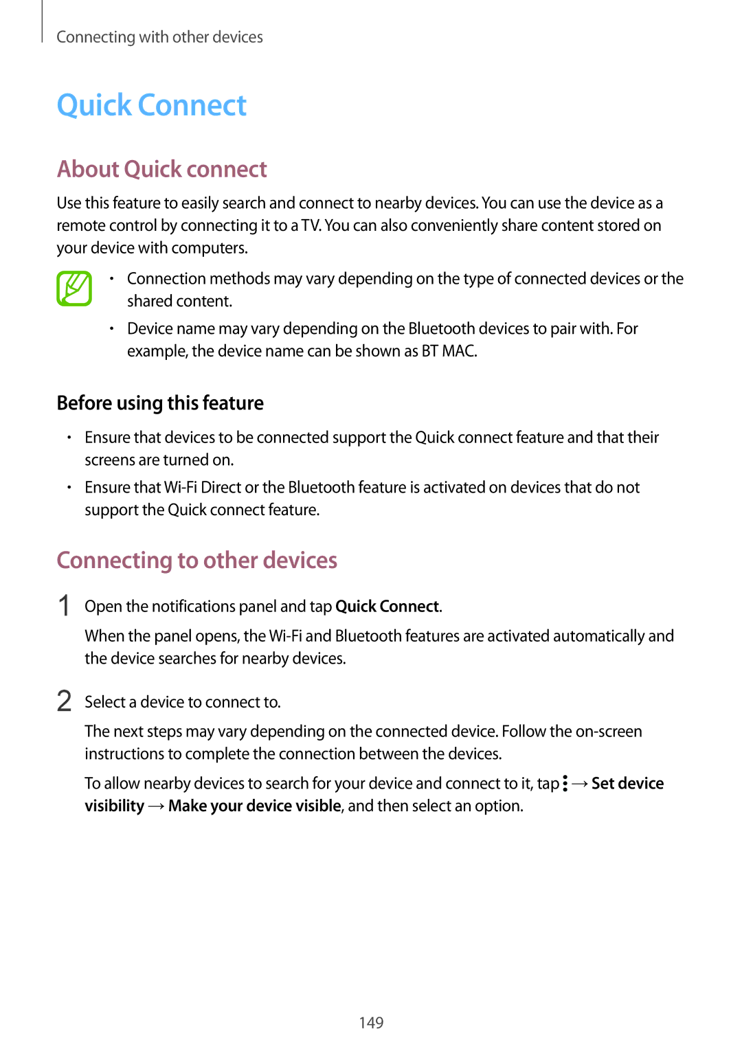 Samsung SM-G900FZKAGBL, SM-G900FZKADBT, SM-G900FZBADBT manual Quick Connect, About Quick connect, Connecting to other devices 