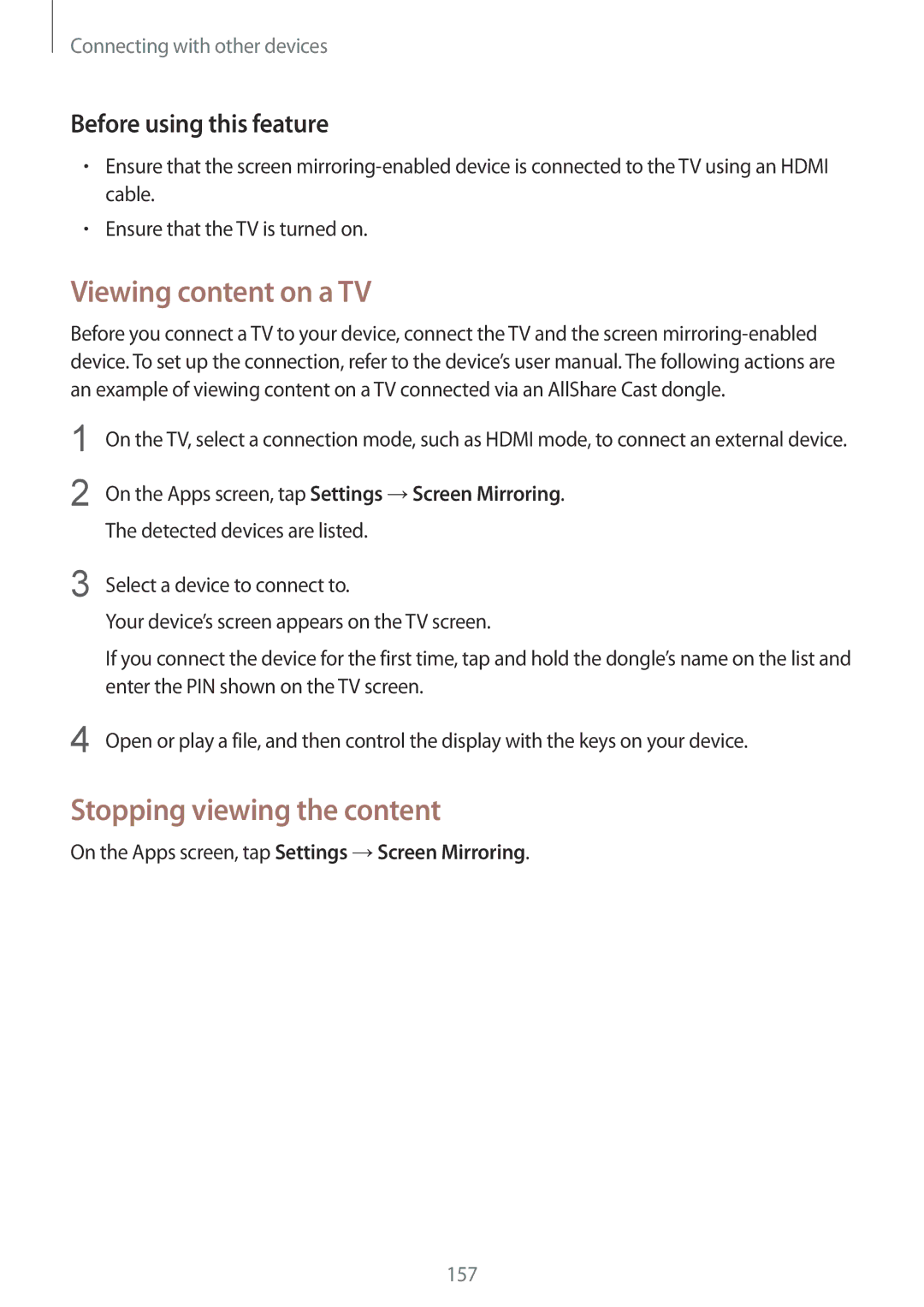 Samsung SM-G900FZWAMTL, SM-G900FZKADBT, SM-G900FZBADBT, SM-G900FZWADBT Viewing content on a TV, Stopping viewing the content 