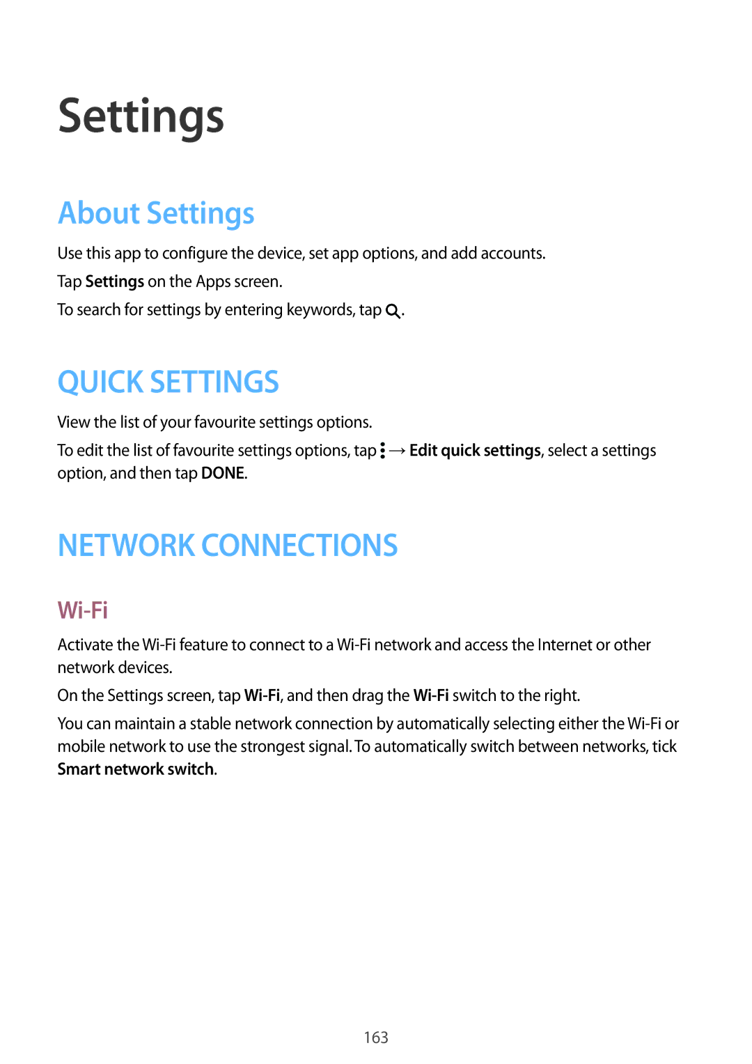 Samsung SM-G900FZDAVVT, SM-G900FZKADBT, SM-G900FZBADBT, SM-G900FZWADBT, SM-G900FZDADBT manual About Settings, Wi-Fi 