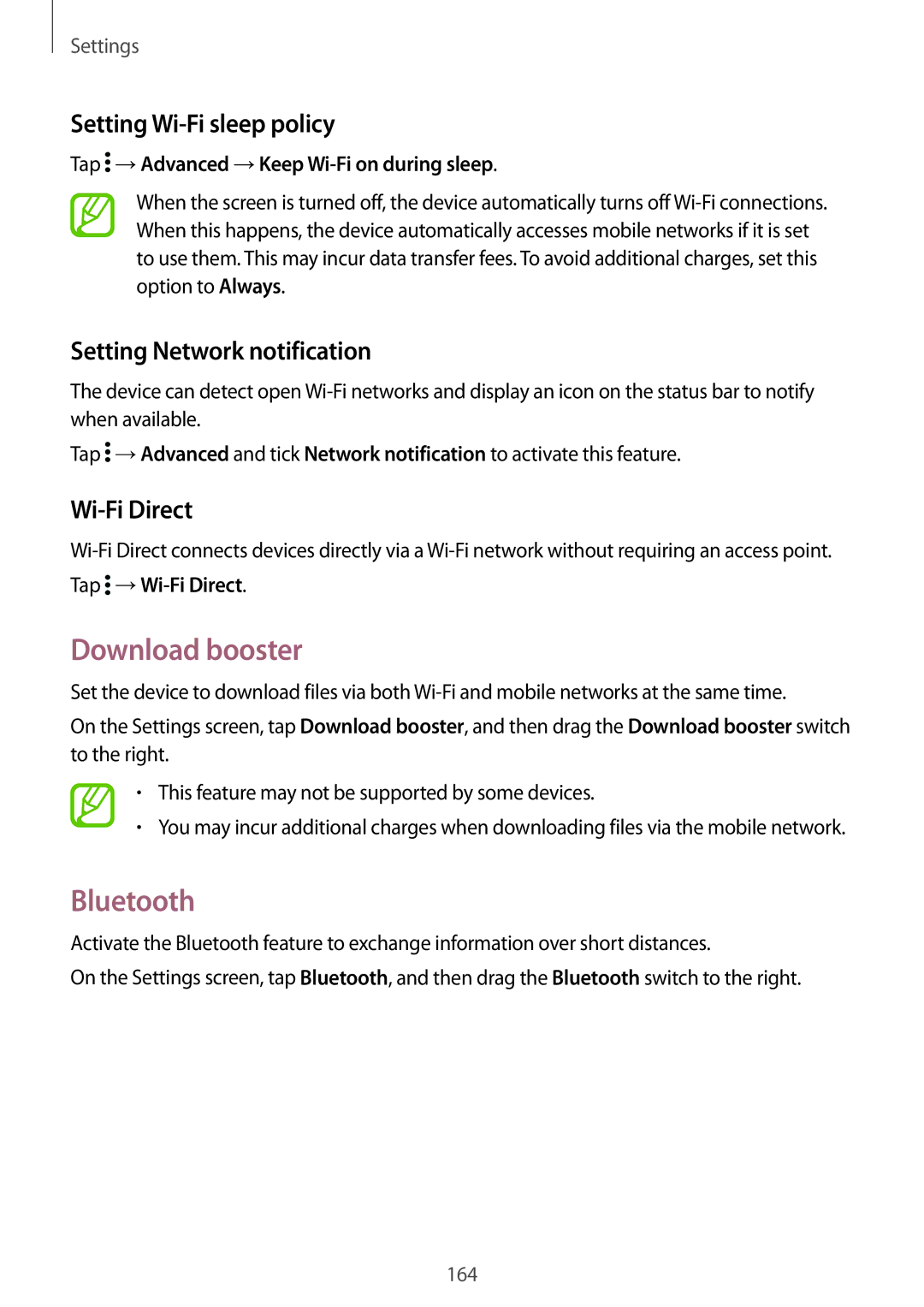 Samsung SM-G900FZBAGBL Download booster, Bluetooth, Setting Wi-Fi sleep policy, Setting Network notification, Wi-Fi Direct 