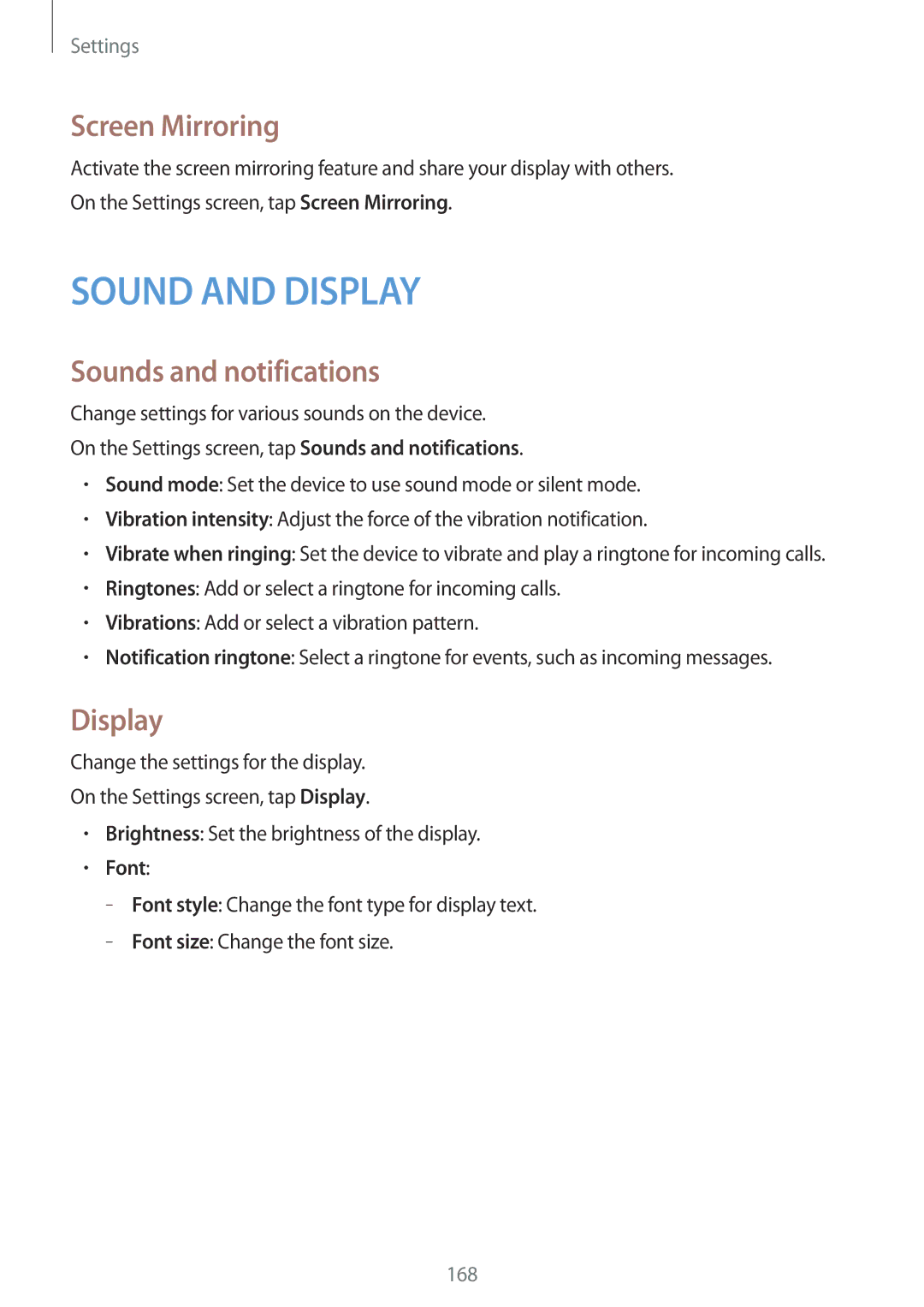 Samsung SM2G900FZDABGL, SM-G900FZKADBT, SM-G900FZBADBT manual Screen Mirroring, Sounds and notifications, Display, Font 