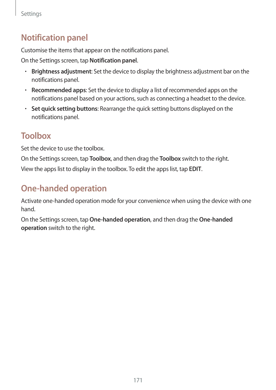 Samsung SM2G900FZWAGBL manual Notification panel, Toolbox, One-handed operation, Set the device to use the toolbox 