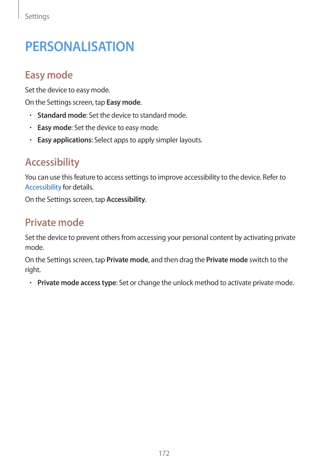 Samsung SM2G900FZDATWO, SM-G900FZKADBT, SM-G900FZBADBT, SM-G900FZWADBT, SM-G900FZDADBT Easy mode, Accessibility, Private mode 