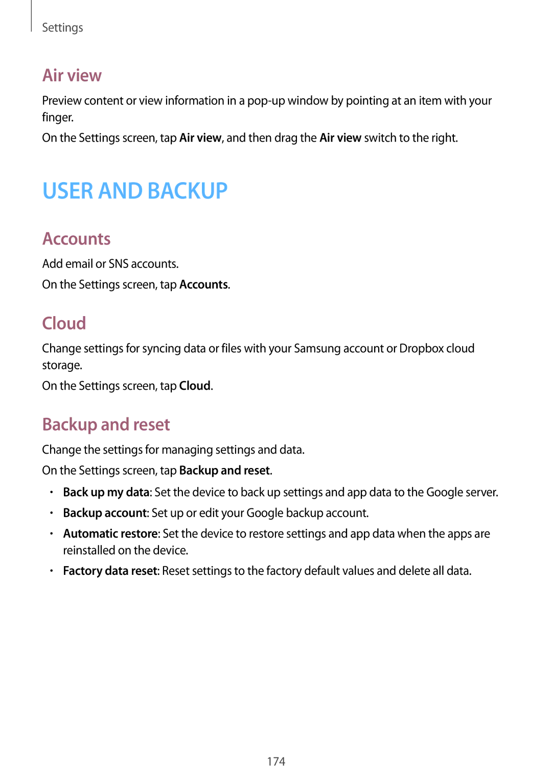 Samsung SM2G900FZBAVIP, SM-G900FZKADBT, SM-G900FZBADBT, SM-G900FZWADBT manual Air view, Accounts, Cloud, Backup and reset 