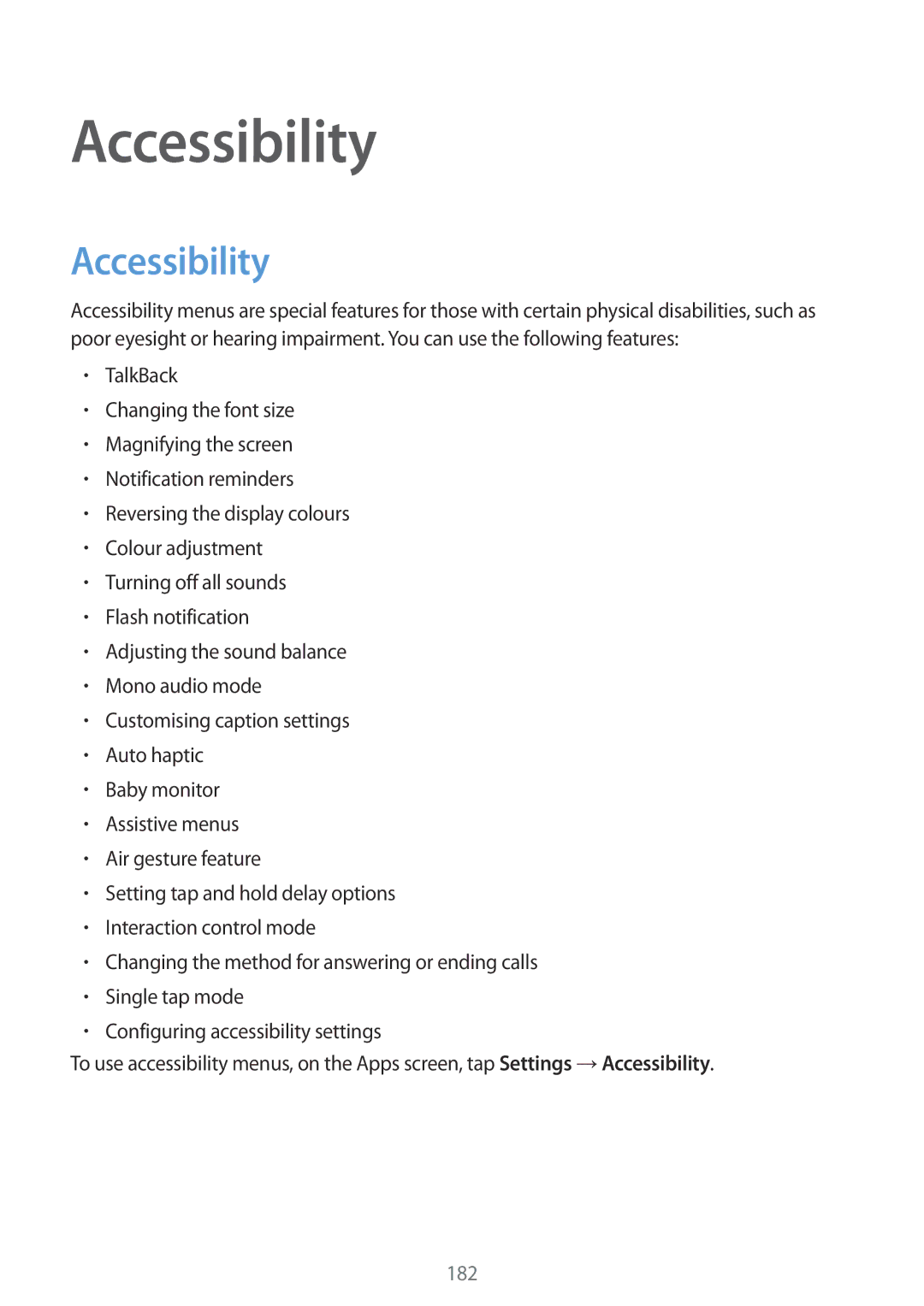 Samsung SM-G900FZWATWO, SM-G900FZKADBT, SM-G900FZBADBT, SM-G900FZWADBT, SM-G900FZDADBT, SM-G900FZWABOG manual Accessibility 