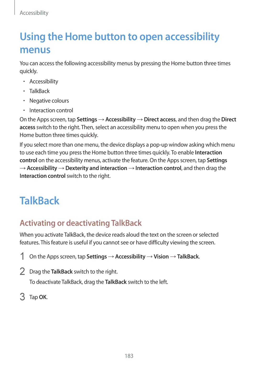 Samsung SM-G900FZWACRO manual Using the Home button to open accessibility menus, Activating or deactivating TalkBack 