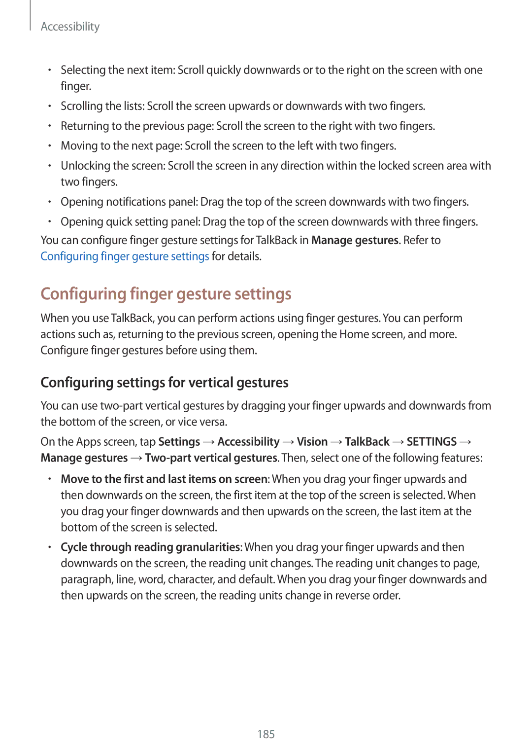 Samsung SM2G900FZWACRO, SM-G900FZKADBT Configuring finger gesture settings, Configuring settings for vertical gestures 