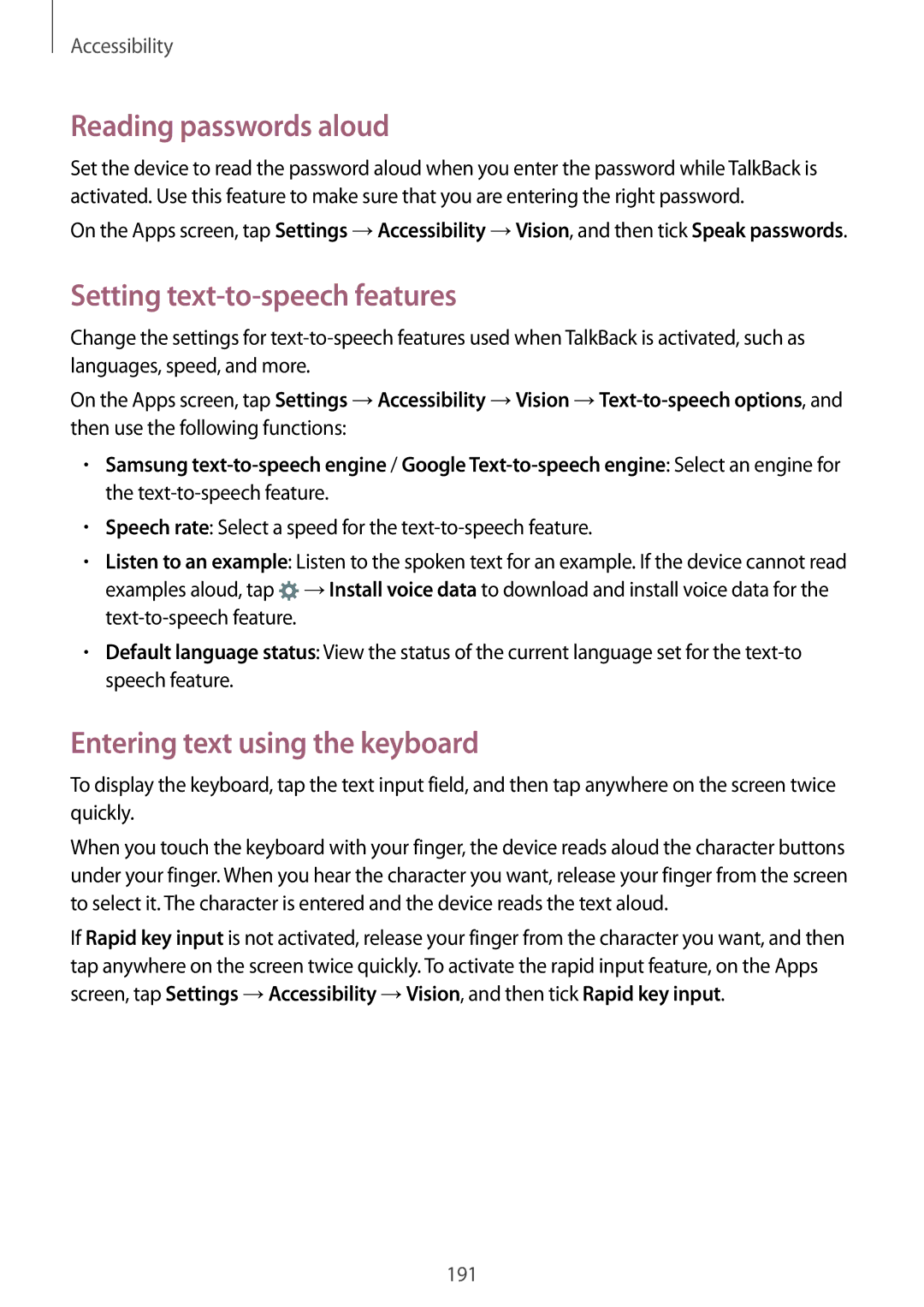 Samsung SM-G900FZBACRO manual Reading passwords aloud, Setting text-to-speech features, Entering text using the keyboard 