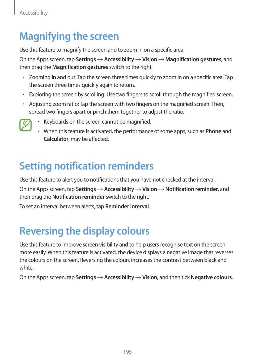 Samsung SM2G900FZKAVDH manual Magnifying the screen, Setting notification reminders, Reversing the display colours 