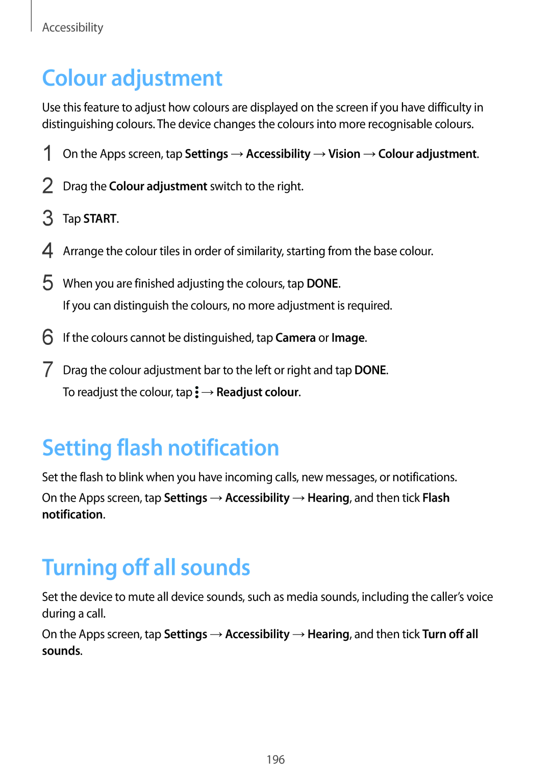 Samsung SM2G900FZBATMH, SM-G900FZKADBT manual Colour adjustment, Setting flash notification, Turning off all sounds 