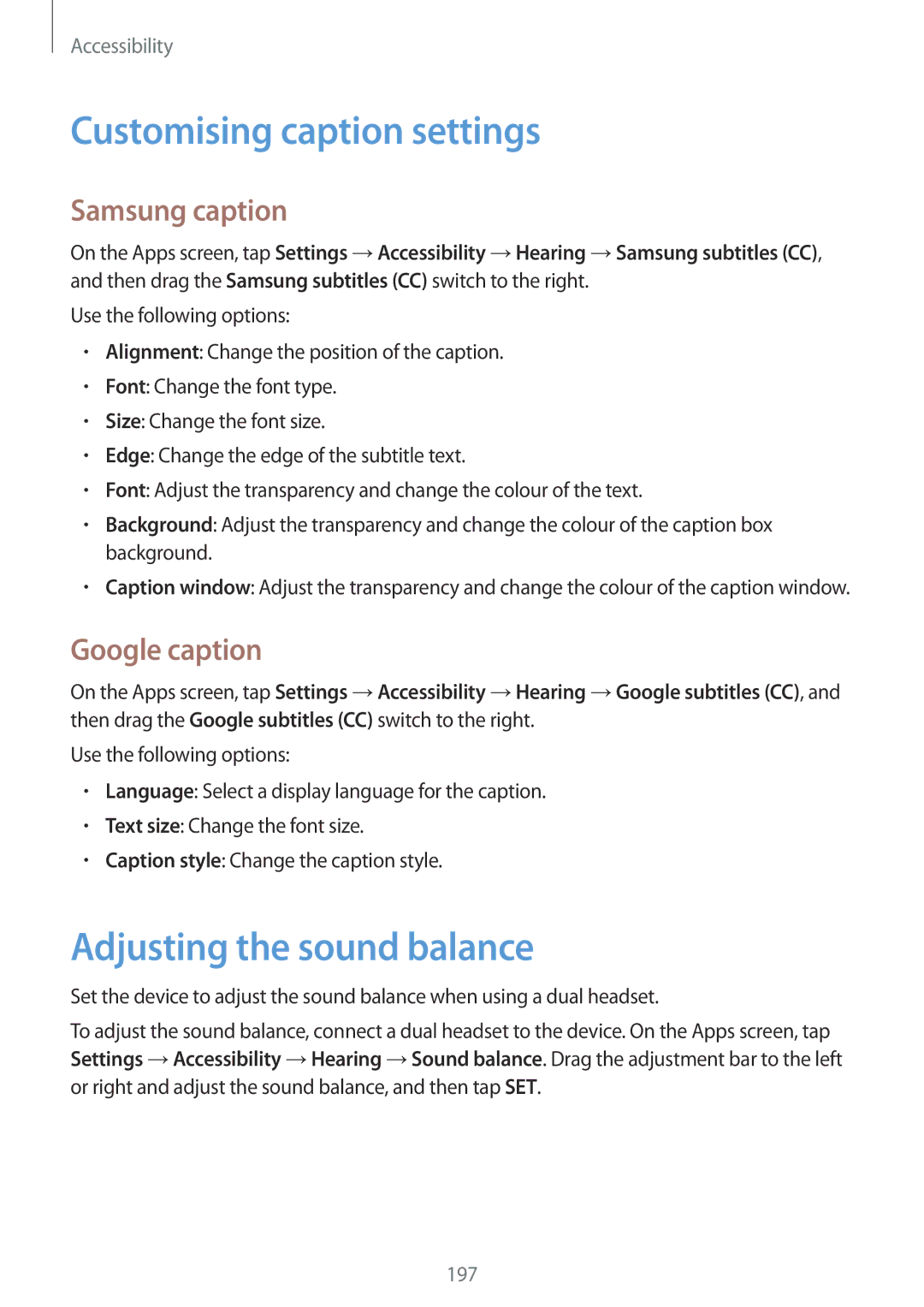 Samsung SM2G900FZBAETL manual Customising caption settings, Adjusting the sound balance, Samsung caption, Google caption 