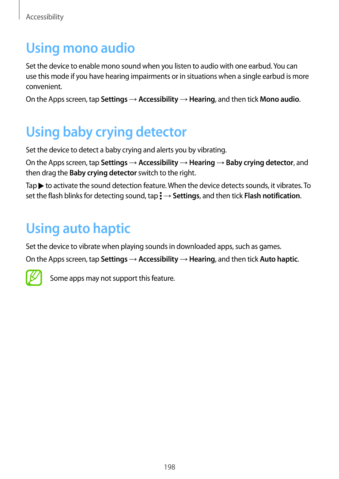 Samsung SM-G900FZKAVGR, SM-G900FZKADBT, SM-G900FZBADBT manual Using mono audio, Using baby crying detector, Using auto haptic 