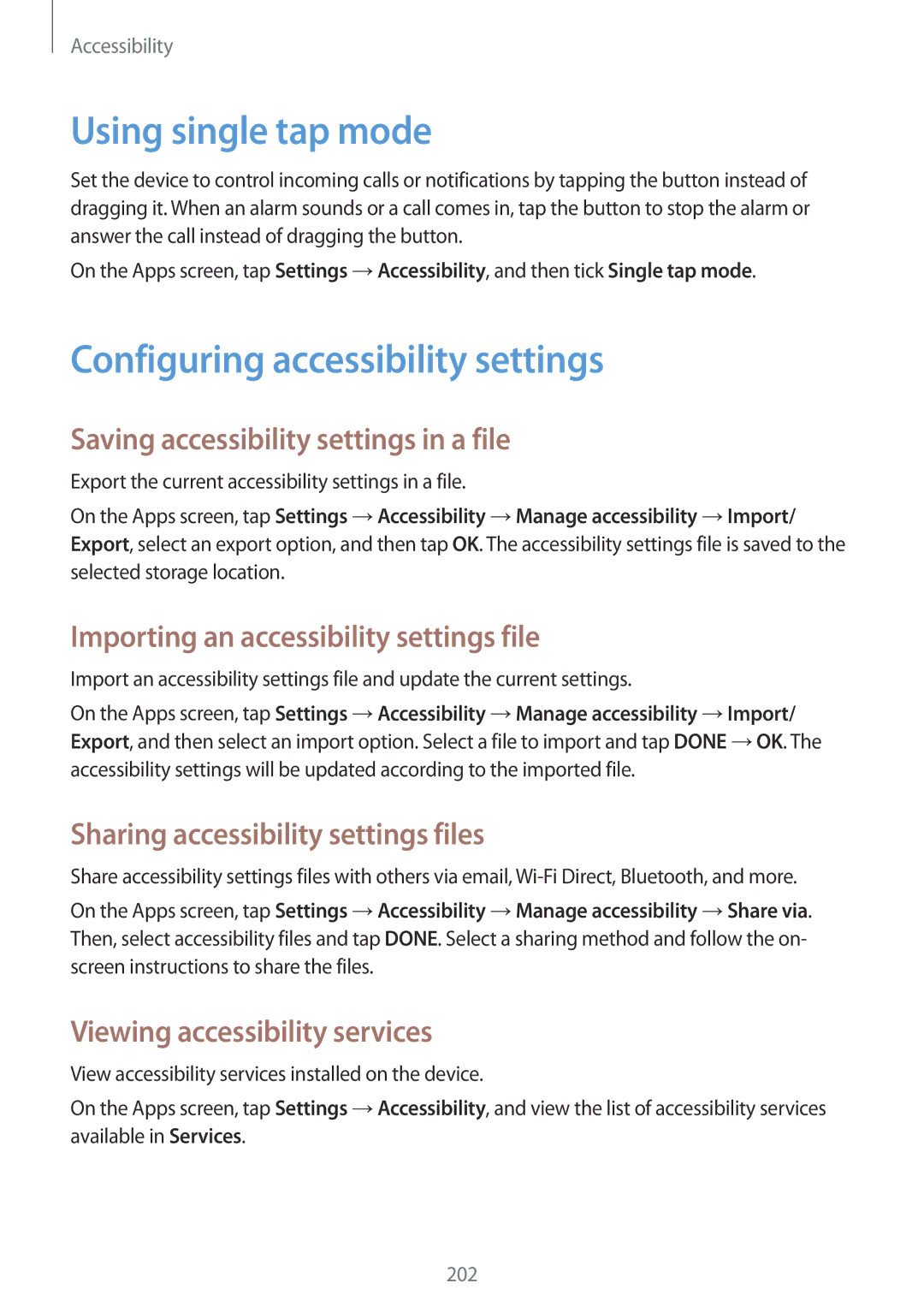 Samsung SM-G900FZWACNX, SM-G900FZKADBT, SM-G900FZBADBT manual Using single tap mode, Configuring accessibility settings 