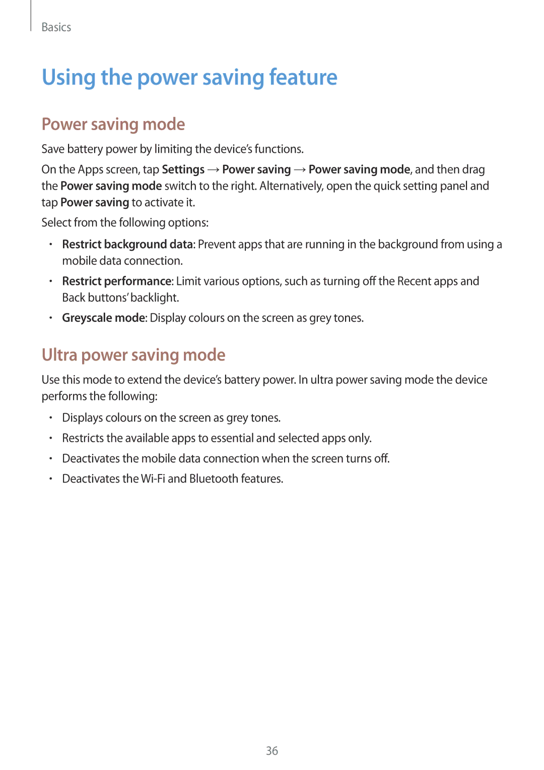 Samsung SM-G900FZBATIM, SM-G900FZKADBT, SM-G900FZBADBT, SM-G900FZWADBT Using the power saving feature, Power saving mode 