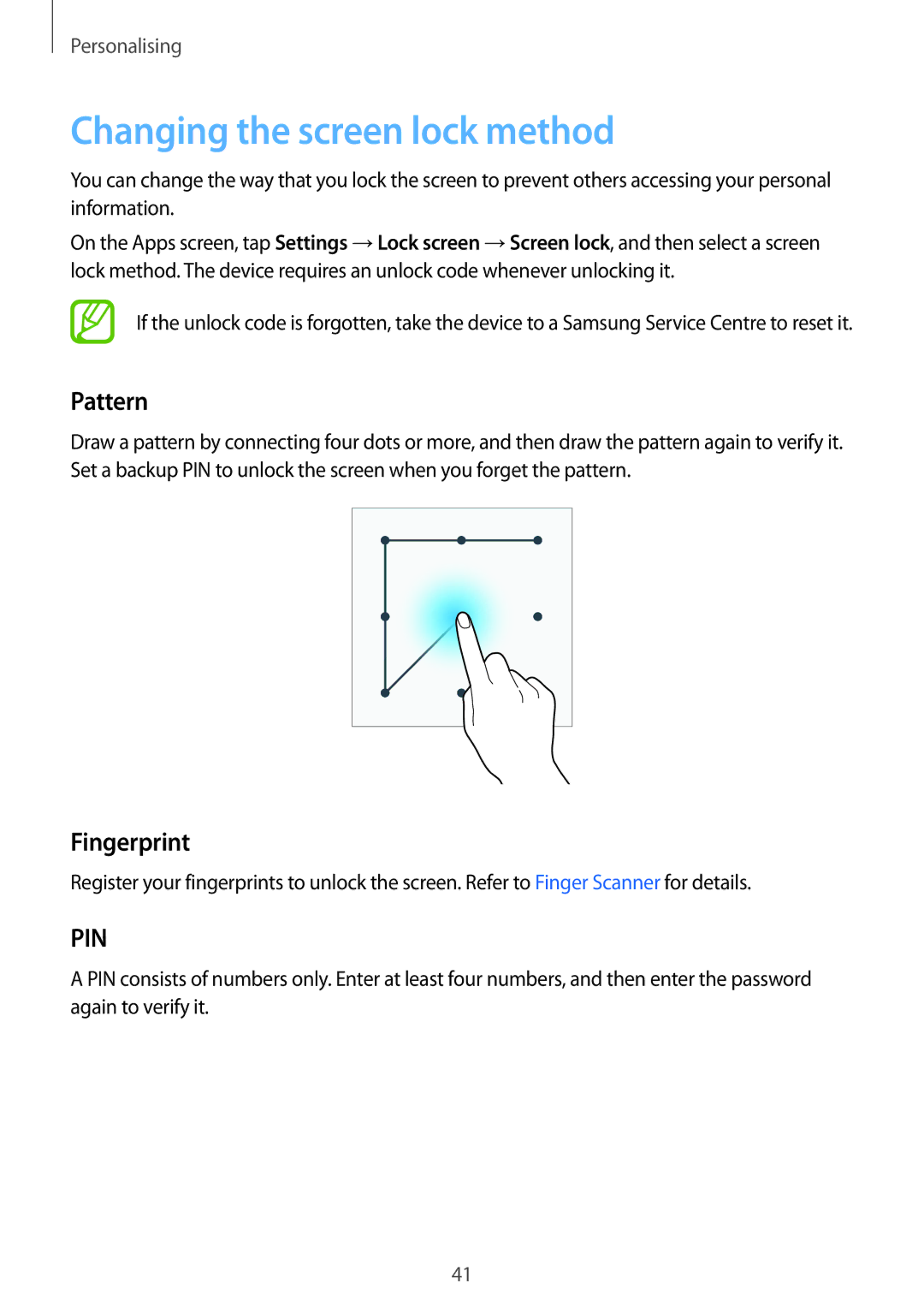 Samsung SM-G900FZKAXEO, SM-G900FZKADBT, SM-G900FZBADBT, SM-G900FZWADBT Changing the screen lock method, Pattern, Fingerprint 