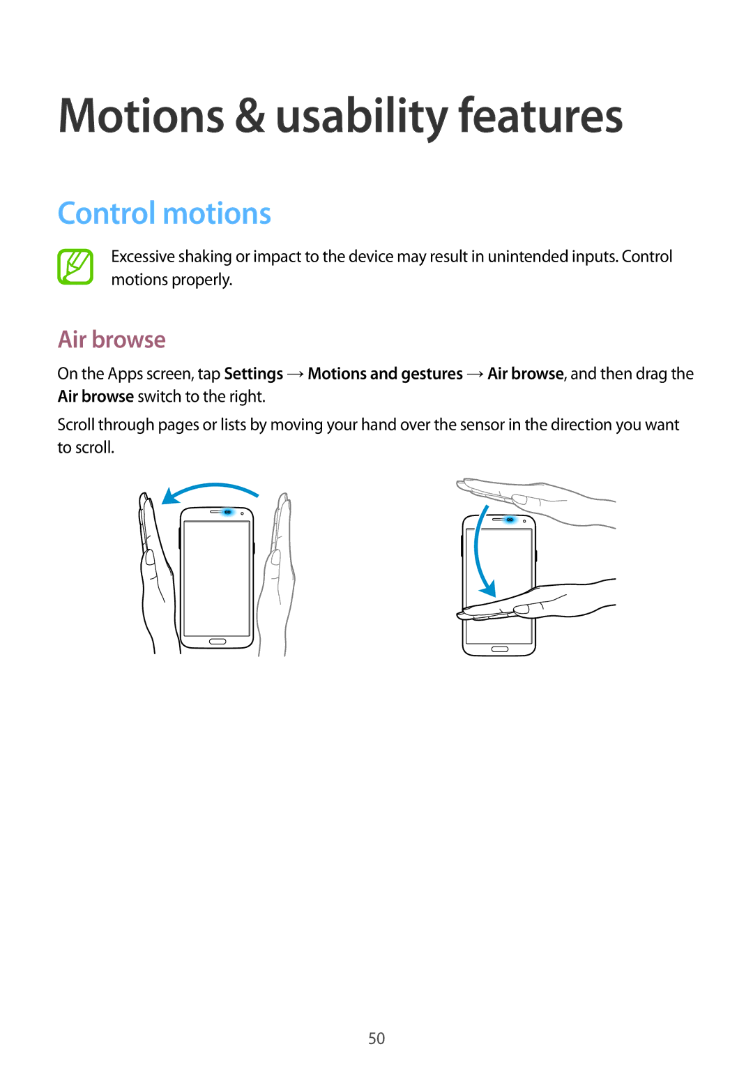 Samsung SM-G900FZKAWIN, SM-G900FZKADBT, SM-G900FZBADBT manual Motions & usability features, Control motions, Air browse 