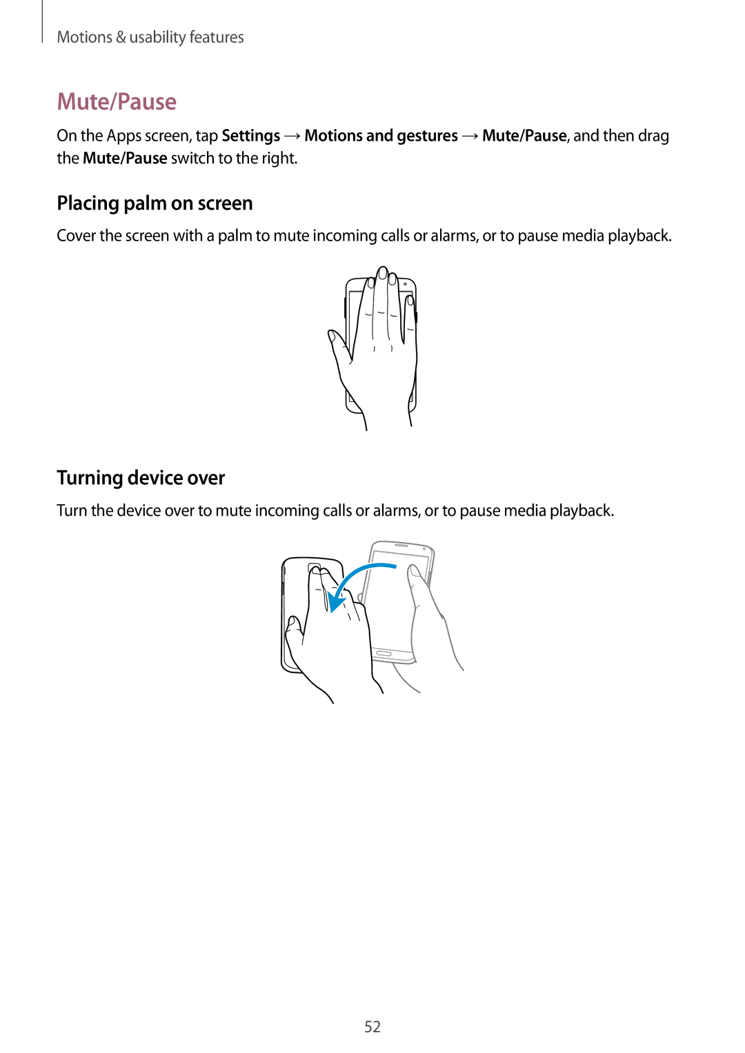 Samsung SM-G900FZKAETL, SM-G900FZKADBT, SM-G900FZBADBT manual Mute/Pause, Placing palm on screen, Turning device over 