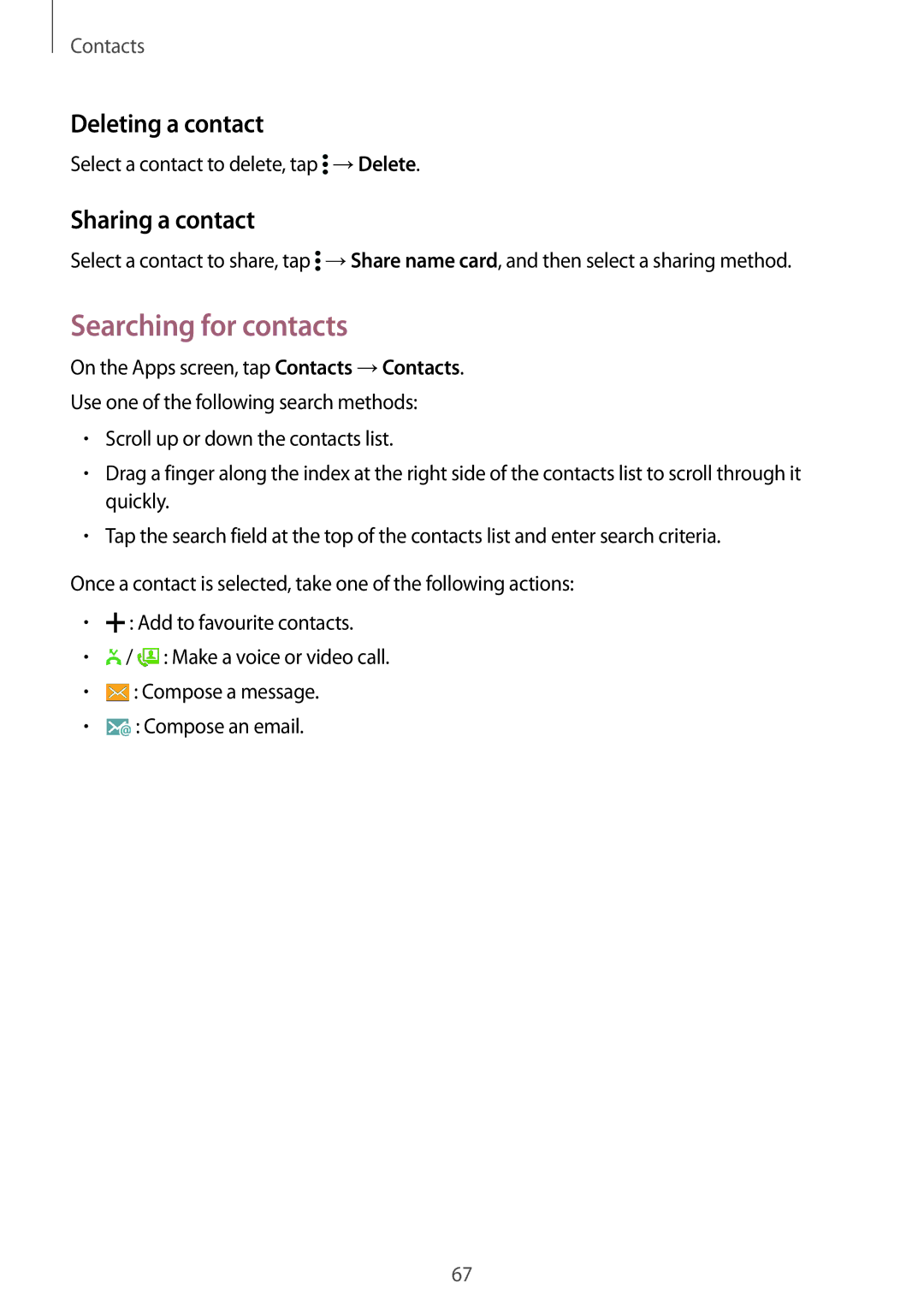 Samsung SM-G900FZDAAUT, SM-G900FZKADBT, SM-G900FZBADBT manual Searching for contacts, Deleting a contact, Sharing a contact 