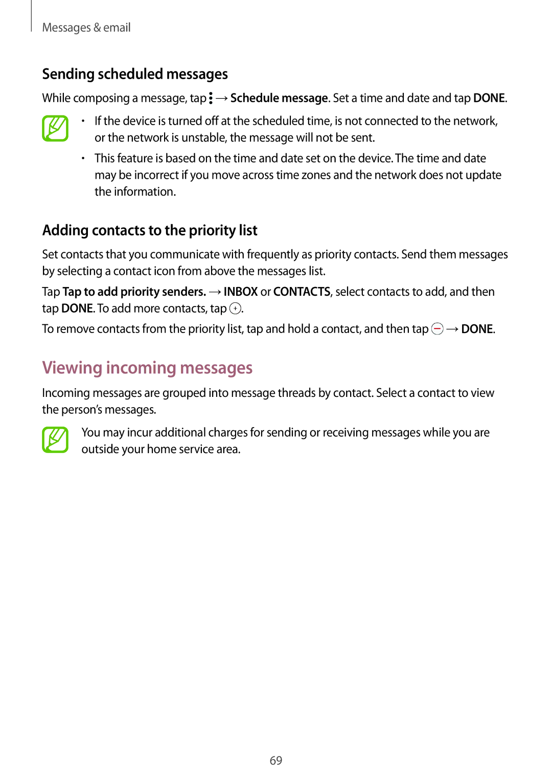 Samsung SM-G900FZWAWIN manual Viewing incoming messages, Sending scheduled messages, Adding contacts to the priority list 