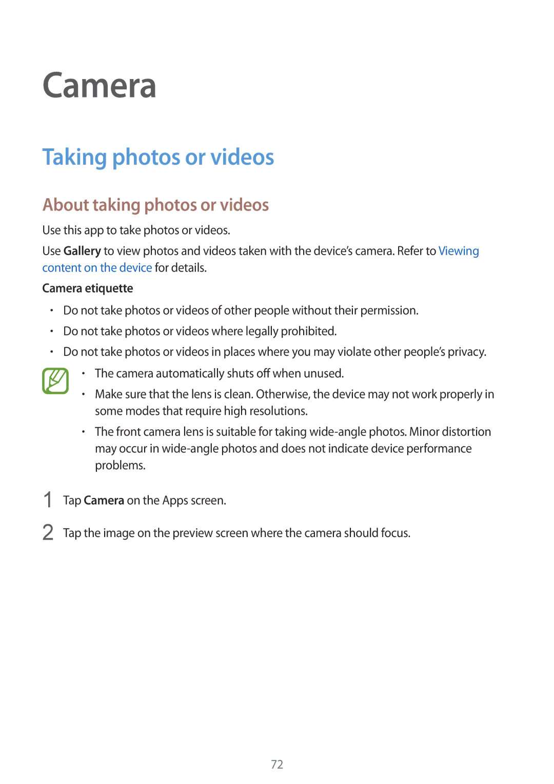 Samsung SM-G900FZBATPL, SM-G900FZKADBT manual Taking photos or videos, About taking photos or videos, Camera etiquette 