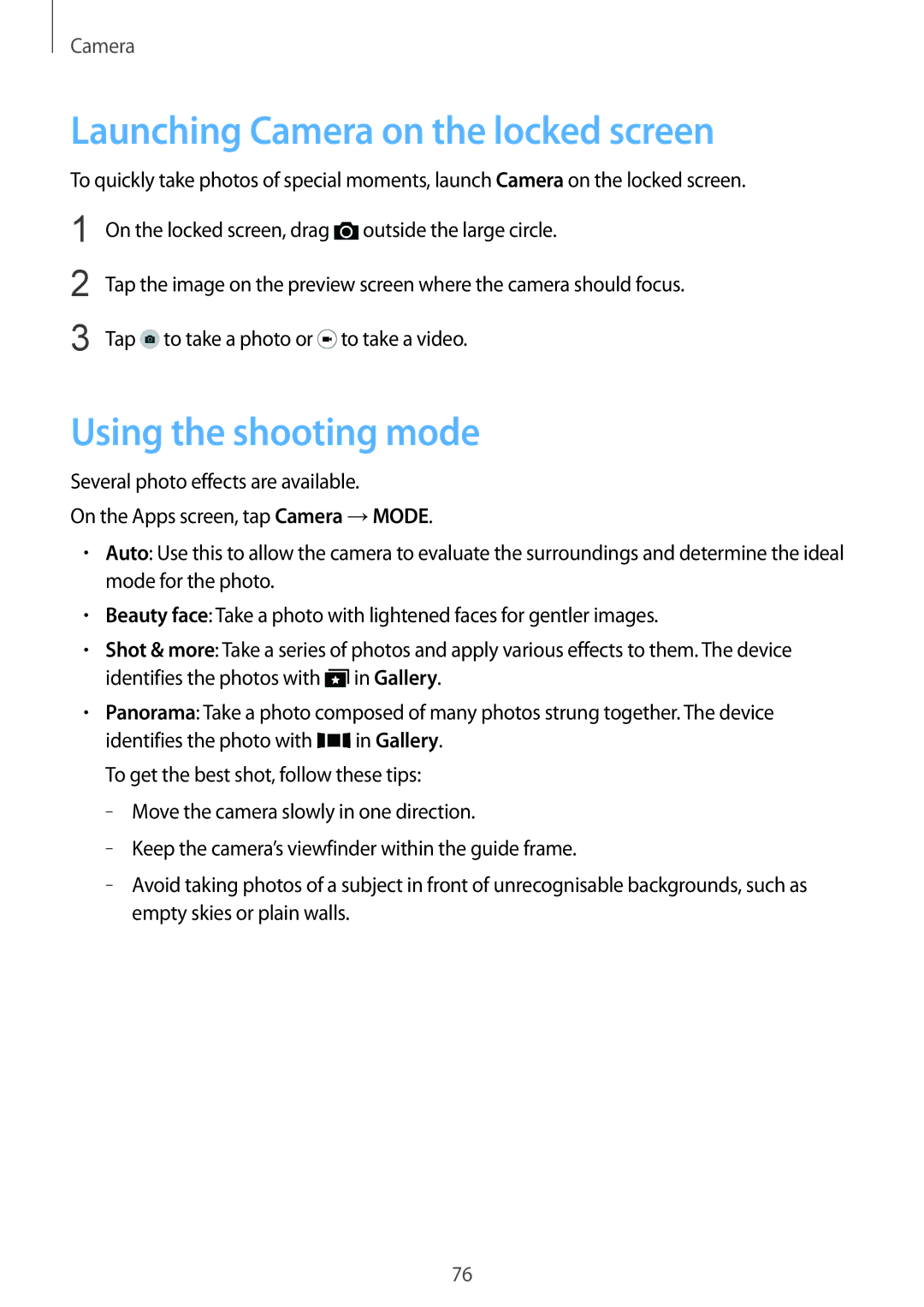 Samsung SM-G900FZWAXEO, SM-G900FZKADBT, SM-G900FZBADBT manual Launching Camera on the locked screen, Using the shooting mode 