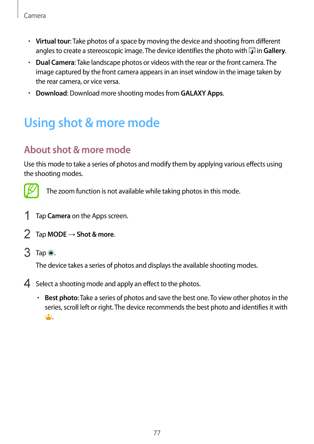 Samsung SM-G900FZWAXEH, SM-G900FZKADBT manual Using shot & more mode, About shot & more mode, Tap Mode →Shot & more 