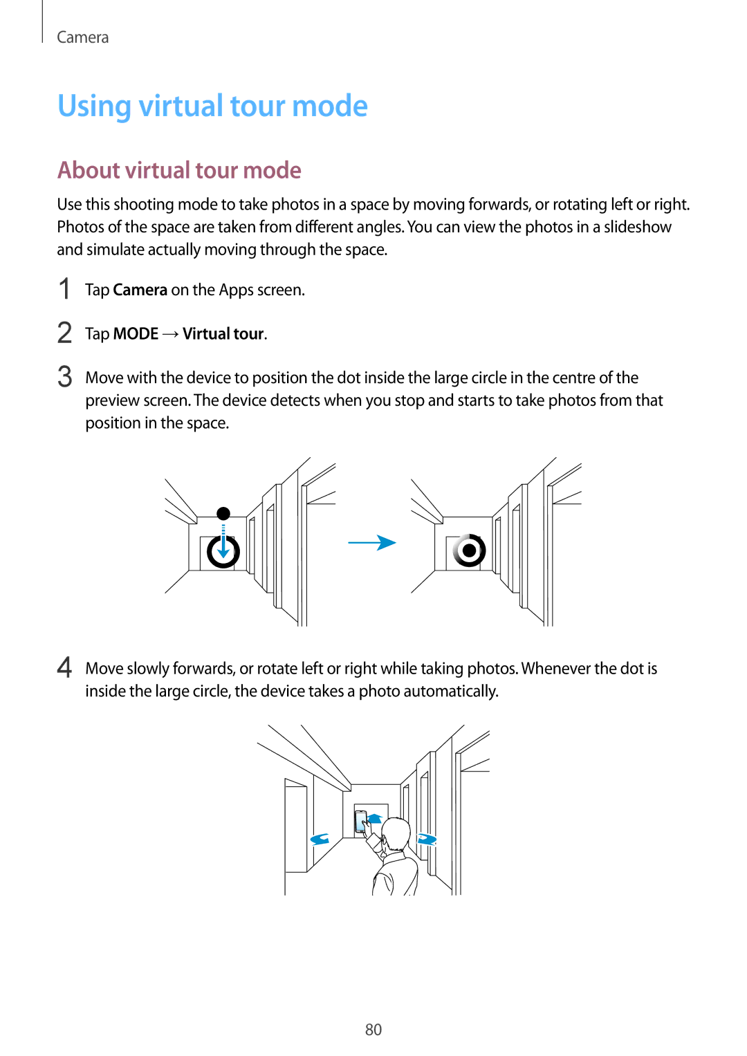 Samsung SM-G900FZKATPH, SM-G900FZKADBT manual Using virtual tour mode, About virtual tour mode, Tap Mode →Virtual tour 