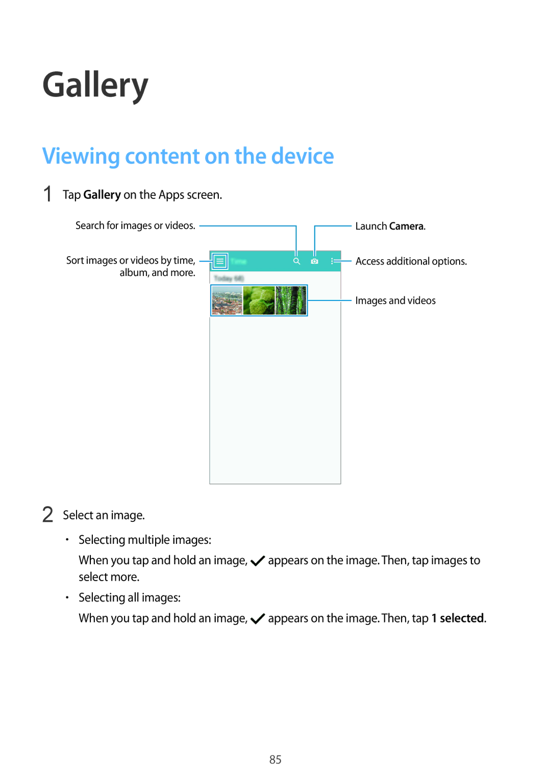 Samsung SM-G900FZBAPHE, SM-G900FZKADBT, SM-G900FZBADBT Viewing content on the device, Tap Gallery on the Apps screen 