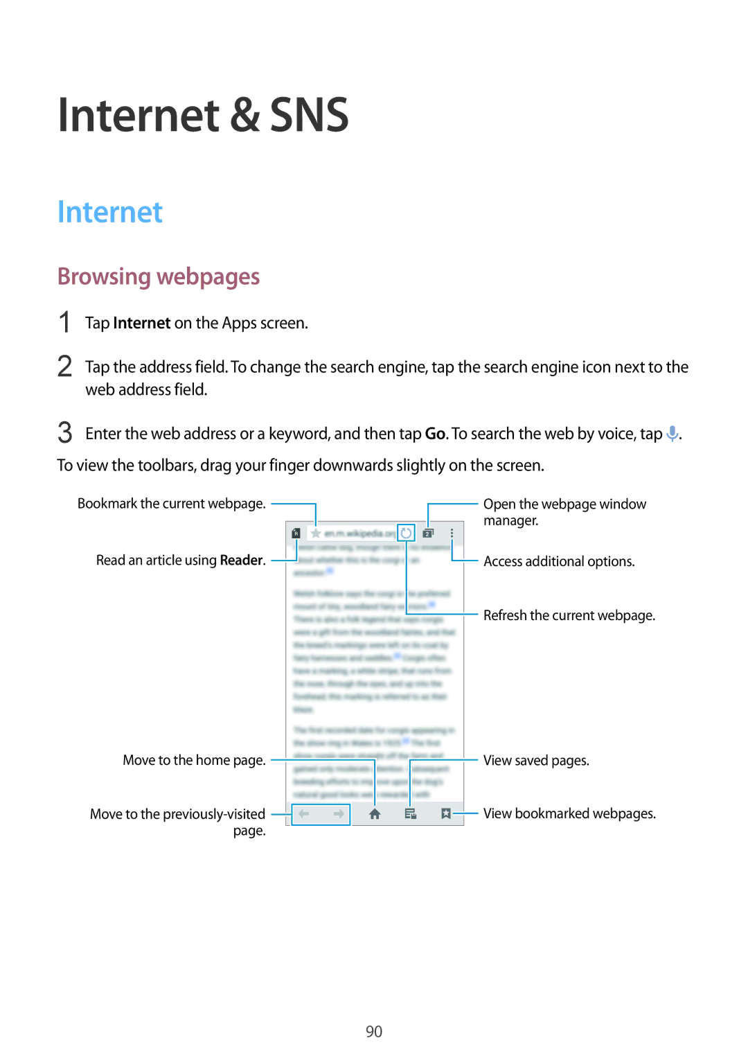 Samsung SM-G900FZWAATL, SM-G900FZKADBT, SM-G900FZBADBT, SM-G900FZWADBT, SM-G900FZDADBT manual Internet & SNS, Browsing webpages 