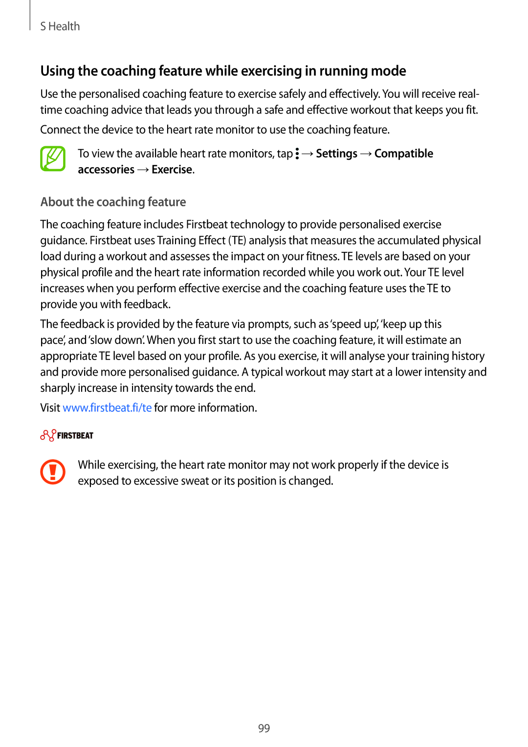 Samsung SM-G900FZDAXEC manual Using the coaching feature while exercising in running mode, About the coaching feature 