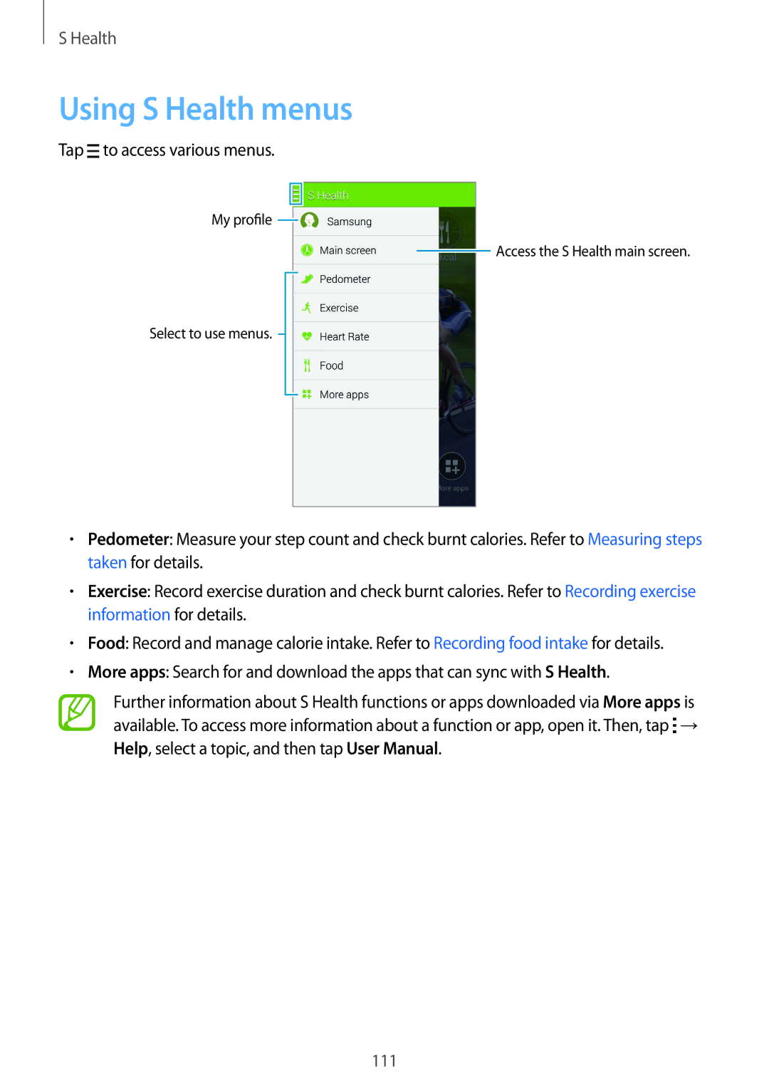 Samsung SM-G900FZDAATL, SM-G900FZKADBT, SM-G900FZBADBT, SM-G900FZWADBT Using S Health menus, Tap to access various menus 