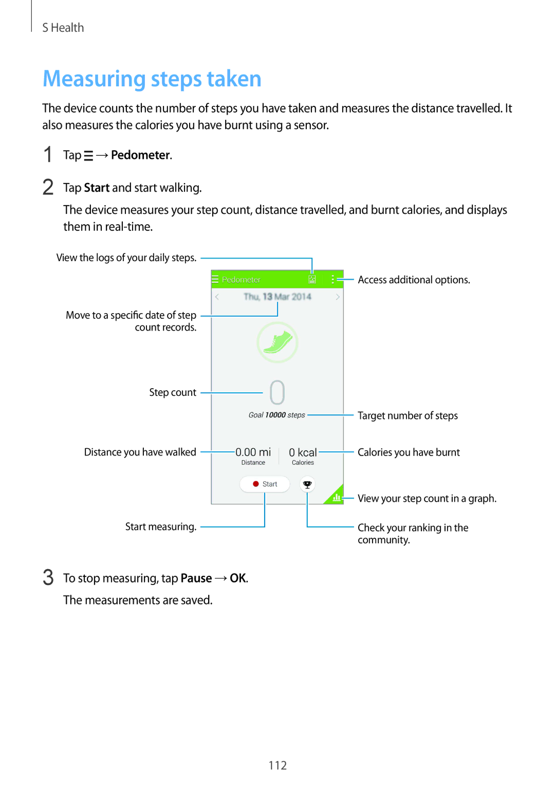 Samsung SM-G900FZWAXEC, SM-G900FZKADBT, SM-G900FZBADBT, SM-G900FZWADBT, SM-G900FZDADBT Measuring steps taken, Tap →Pedometer 