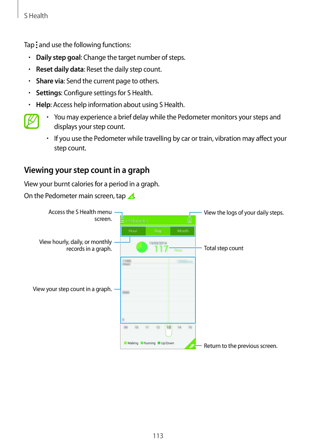 Samsung SM-G900FZWATTR, SM-G900FZKADBT, SM-G900FZBADBT, SM-G900FZWADBT, SM-G900FZDADBT Viewing your step count in a graph 