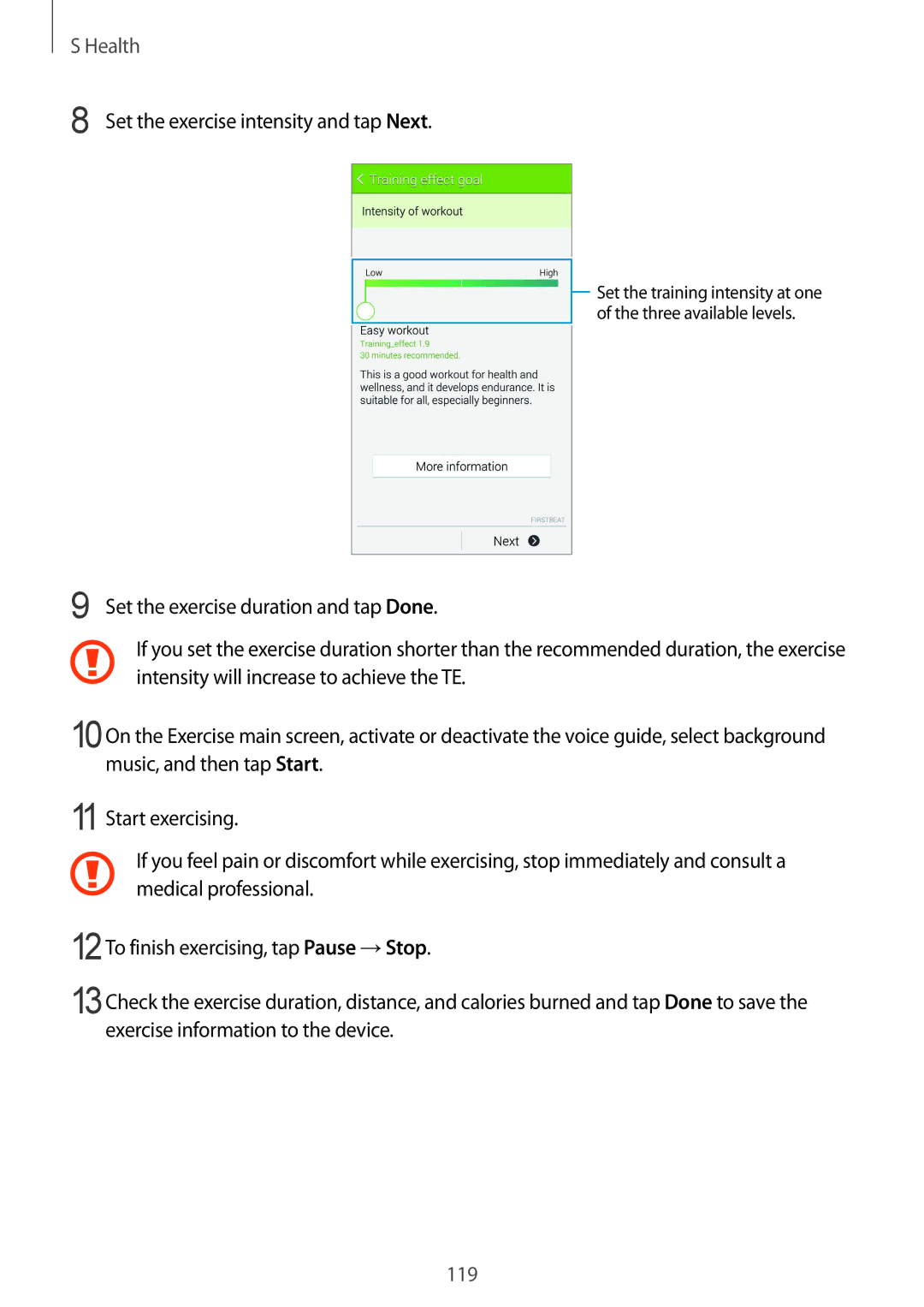 Samsung SM-G900FZWATOP, SM-G900FZKADBT, SM-G900FZBADBT, SM-G900FZWADBT manual Set the exercise intensity and tap Next 