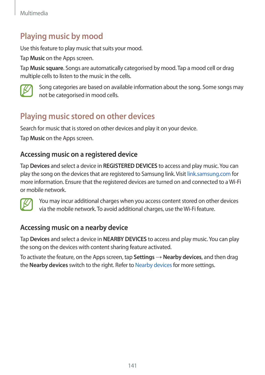 Samsung SM2G900FZBATSR Playing music by mood, Playing music stored on other devices, Accessing music on a nearby device 