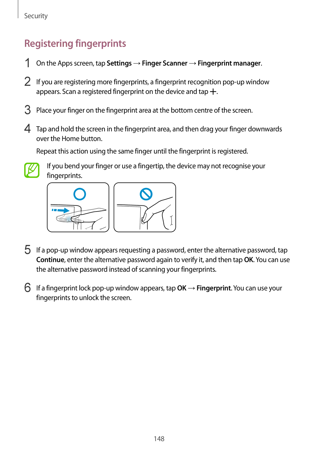 Samsung SM2G900FZDAMTL, SM-G900FZKADBT, SM-G900FZBADBT, SM-G900FZWADBT, SM-G900FZDADBT manual Registering fingerprints 