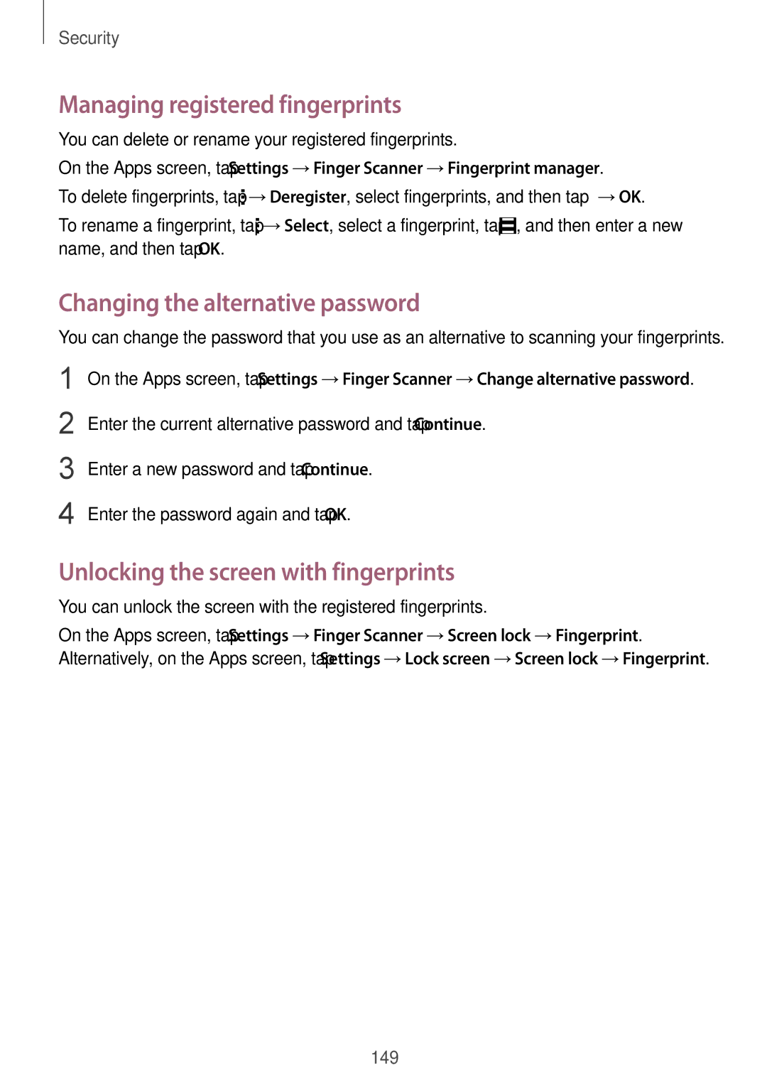 Samsung SM-G900FZKAGBL, SM-G900FZKADBT, SM-G900FZBADBT Managing registered fingerprints, Changing the alternative password 