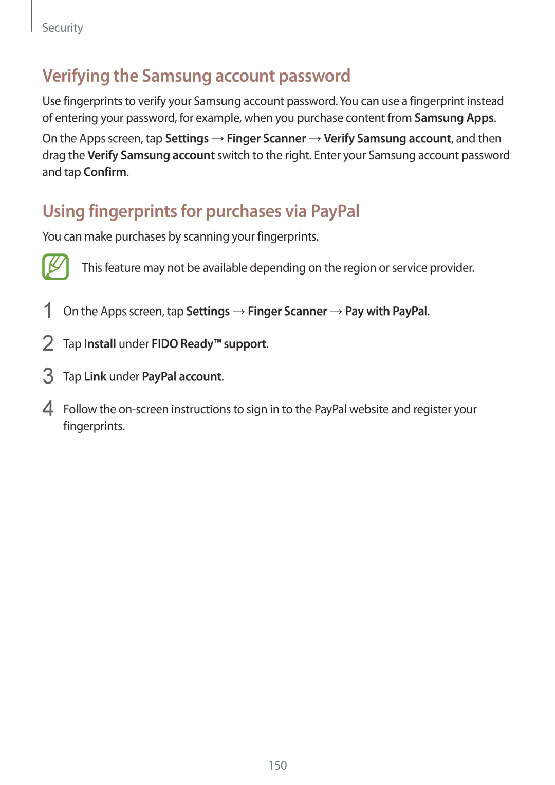 Samsung SM2G900FZWAVVT, SM-G900FZKADBT Verifying the Samsung account password, Using fingerprints for purchases via PayPal 