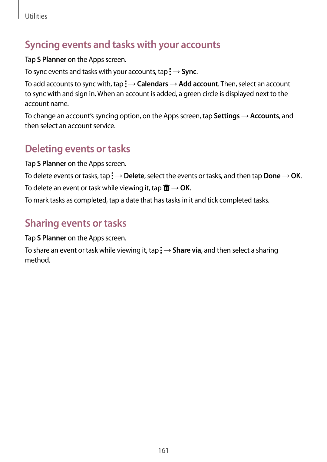 Samsung SM-G900FZKABGL Syncing events and tasks with your accounts, Deleting events or tasks, Sharing events or tasks 