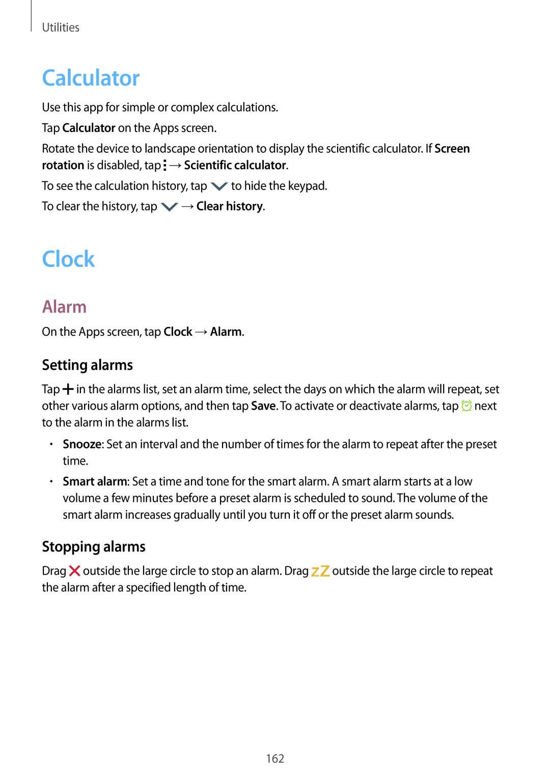 Samsung SM-G900FZDABGL, SM-G900FZKADBT, SM-G900FZBADBT manual Calculator, Clock, Alarm, Setting alarms, Stopping alarms 