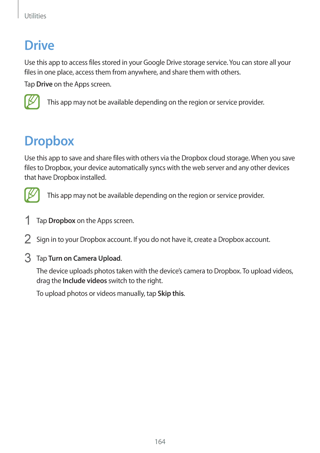 Samsung SM-G900FZBAGBL, SM-G900FZKADBT, SM-G900FZBADBT, SM-G900FZWADBT manual Drive, Dropbox, Tap Turn on Camera Upload 