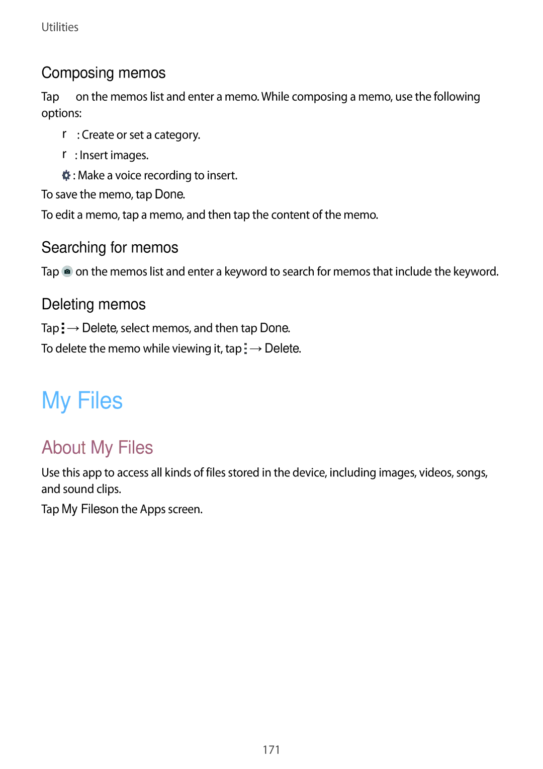 Samsung SM2G900FZWAGBL, SM-G900FZKADBT manual About My Files, Composing memos, Searching for memos, Deleting memos 