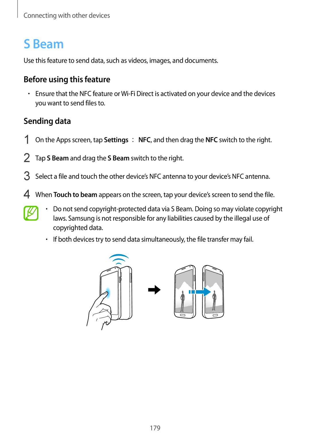 Samsung SM2G900FZKAVIP, SM-G900FZKADBT, SM-G900FZBADBT Sending data, Tap S Beam and drag the S Beam switch to the right 