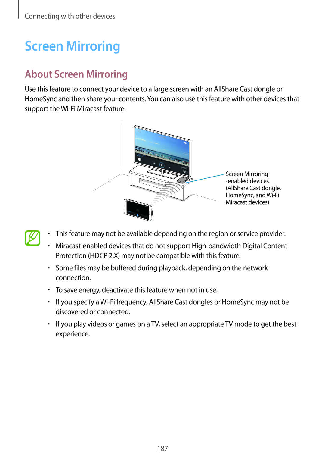 Samsung SM-G900FZKAVIP, SM-G900FZKADBT, SM-G900FZBADBT, SM-G900FZWADBT, SM-G900FZDADBT manual About Screen Mirroring 