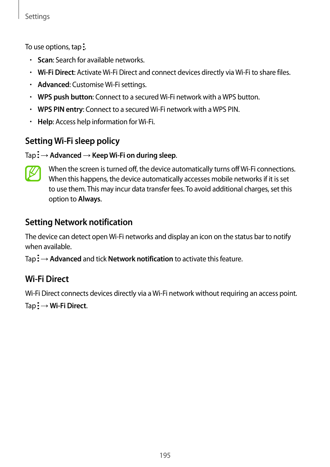 Samsung SM2G900FZKAVDH, SM-G900FZKADBT Setting Wi-Fi sleep policy, Setting Network notification, Tap →Wi-Fi Direct 