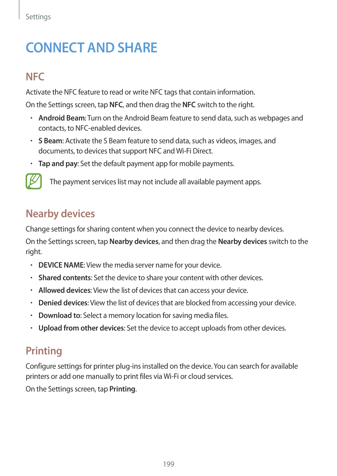 Samsung SM-G900FZKACYV, SM-G900FZKADBT, SM-G900FZBADBT manual Nearby devices, On the Settings screen, tap Printing 